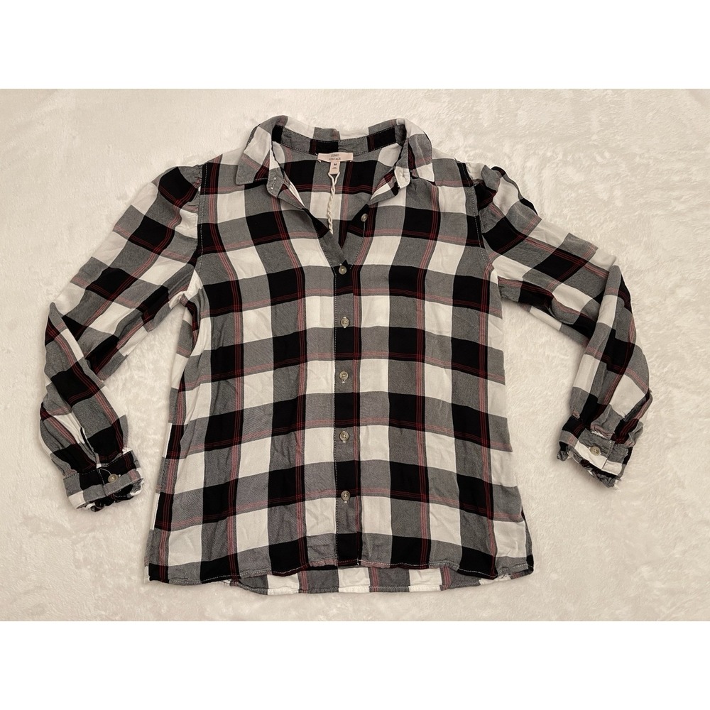 Como Vintage Plaid Button Down Shirt Womens Medium Black White Rayon